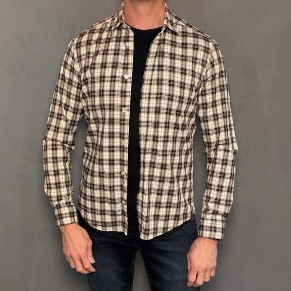 HUGO BOSS Regular Fit Stretch Plaid Shirt XS Beige‎ Black Long Sleeve